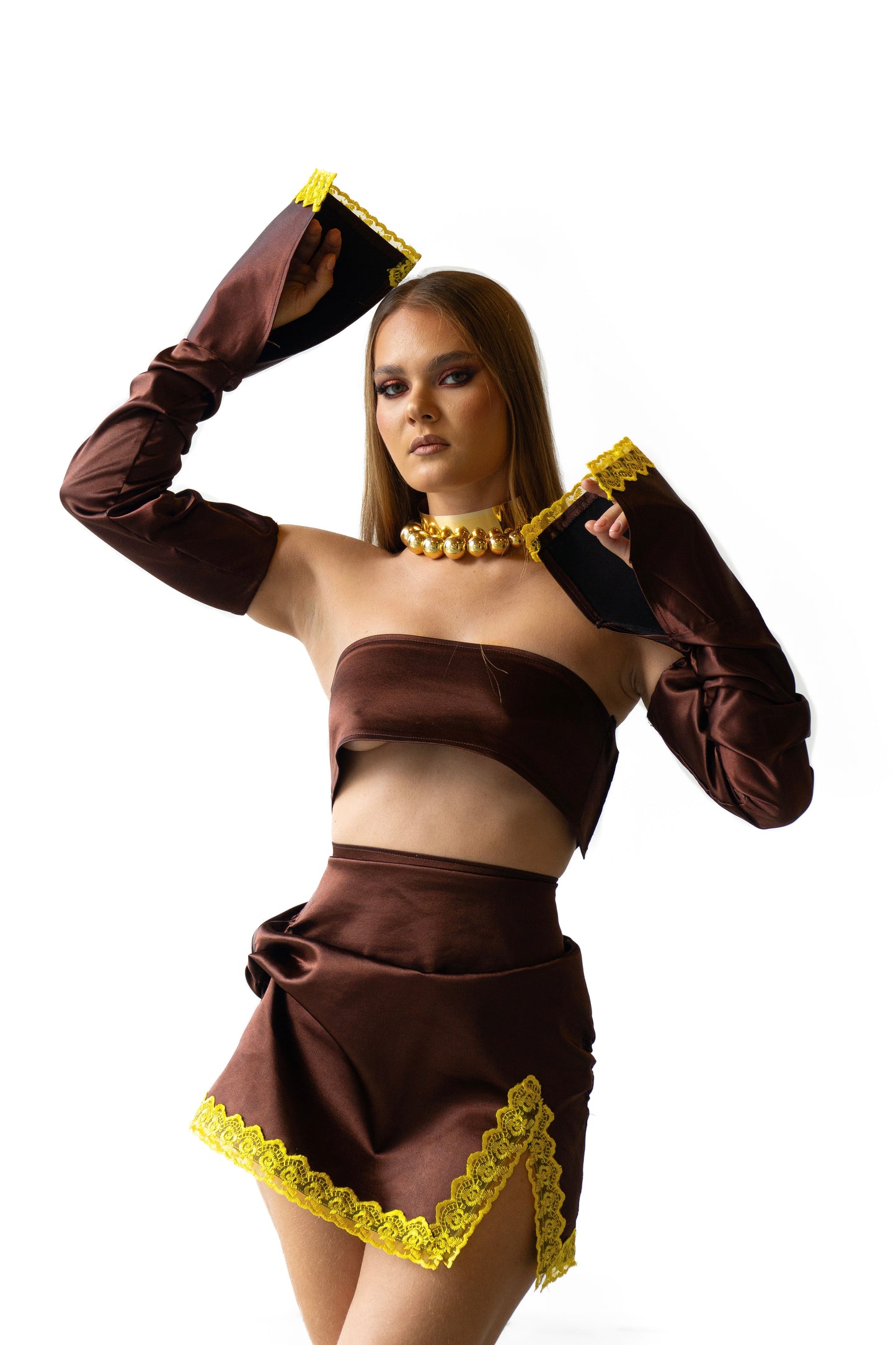 Brown Satin Skirt Set