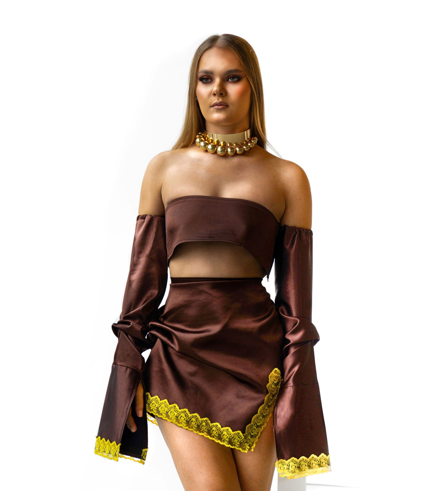 Brown Satin Skirt Set